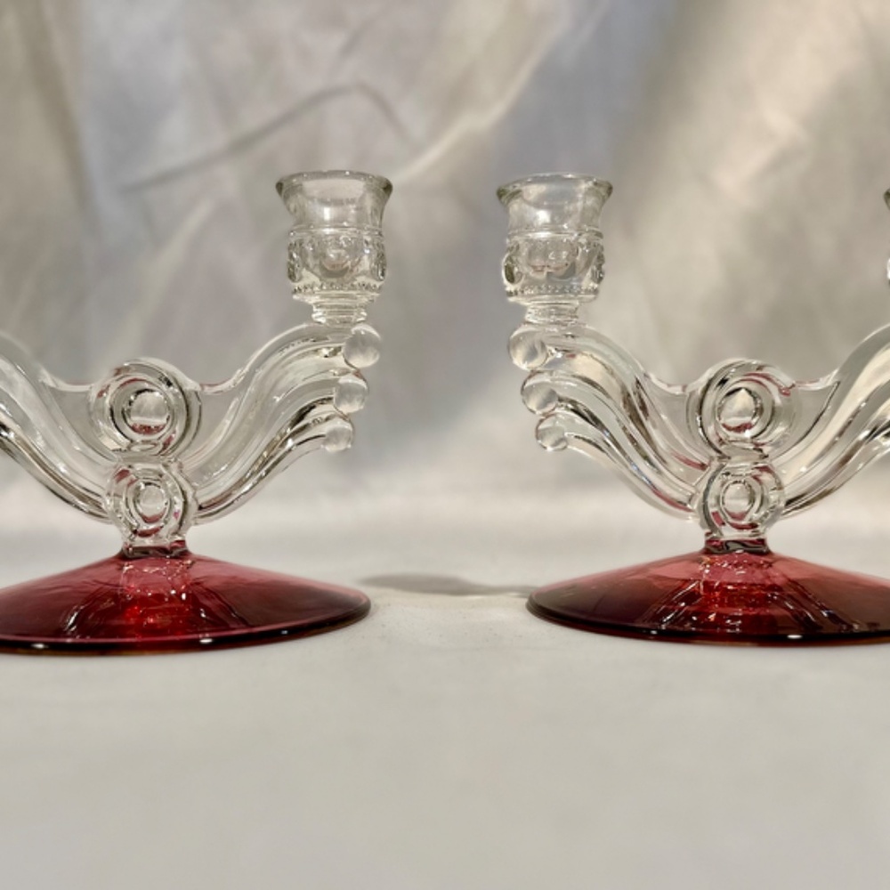 Vintage Art Deco Cranberry Double Candle Holders Holiday Made in USA - Picture 2 of 4